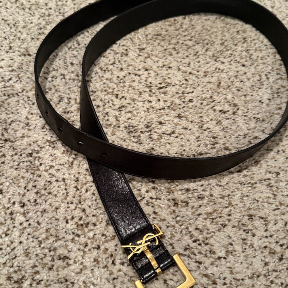 YSL | Cintura Box Monogram Leather Belt | Nero/Gold | Size: 90 (36") - Picture 8 of 15